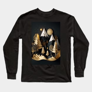 Gold and Black Wonderland - Whimsical Winter Holiday Mountainscape Forest Scene Long Sleeve T-Shirt